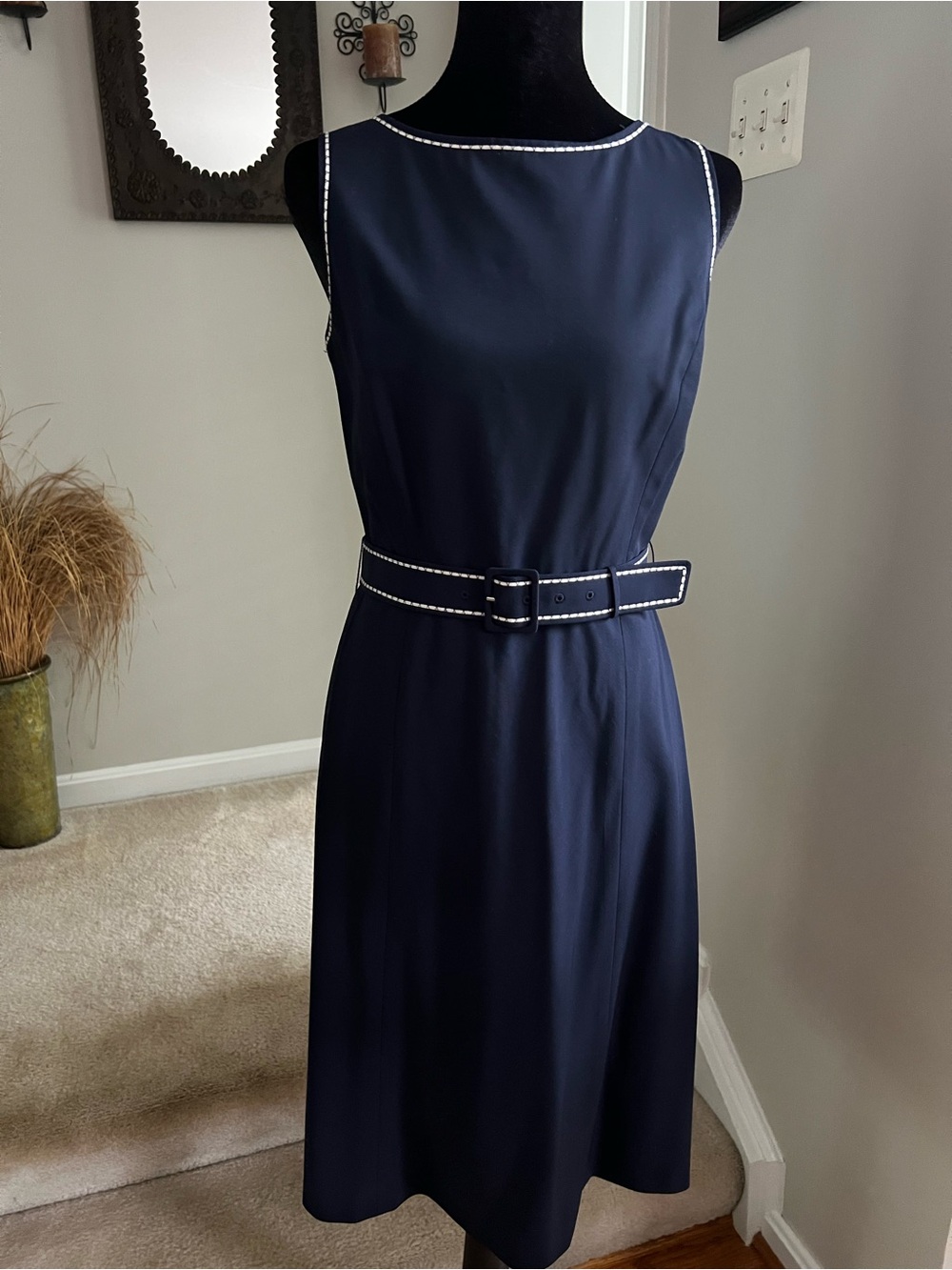 LOFT Navy Sleeveless Belted Dress with White Contrast Stitching 6P